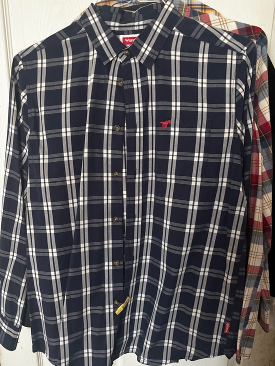 Wrangler Other - Wrangler Navy and White Plaid Button-Down Shirt with Red Logo